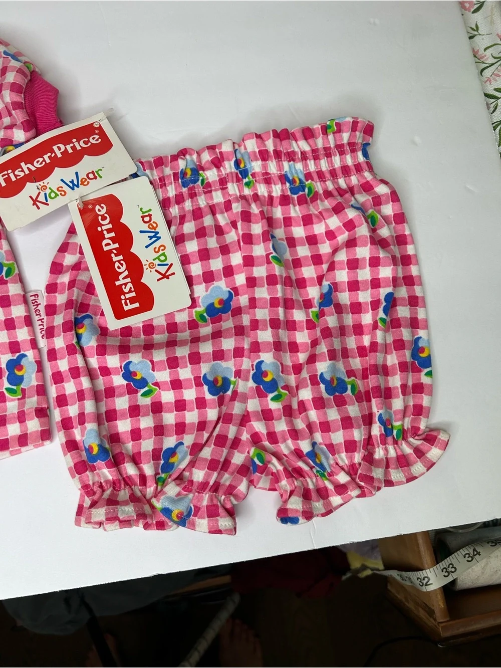 New Deadstock vintage Fisher-Price Pink Gingham Floral Baby Set 18 months